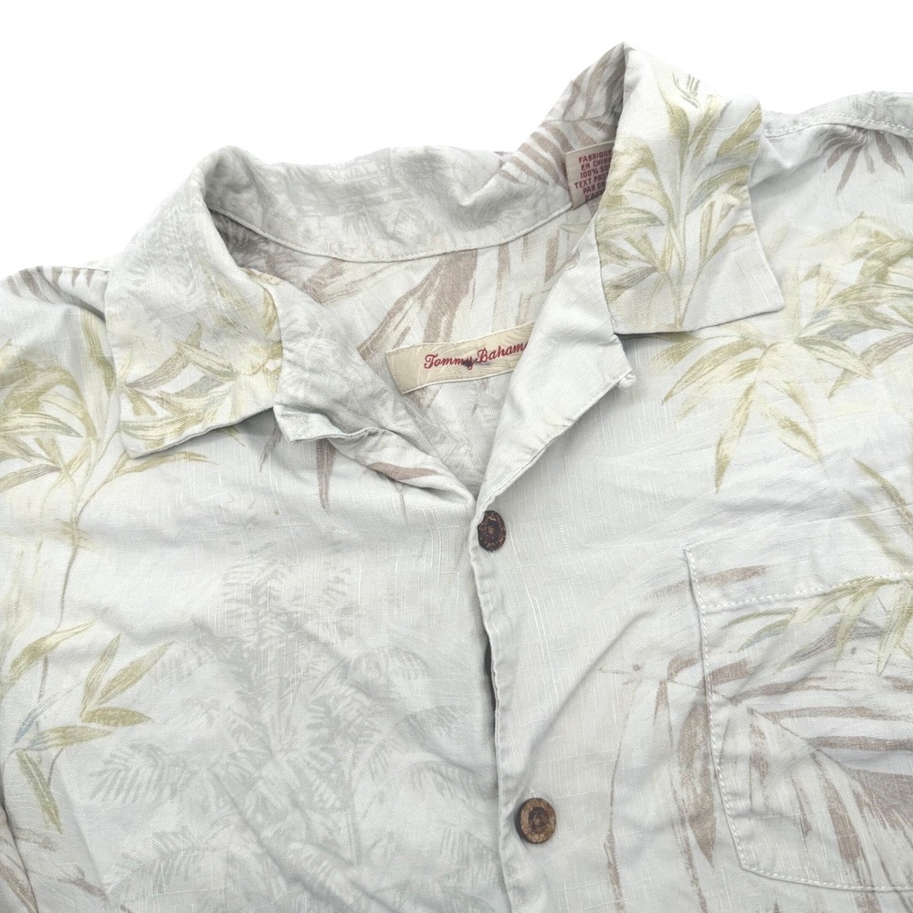 Tommy Bahama Button Down Men's Large Beige Silk Tropical Palm Leaf Camp Shirt